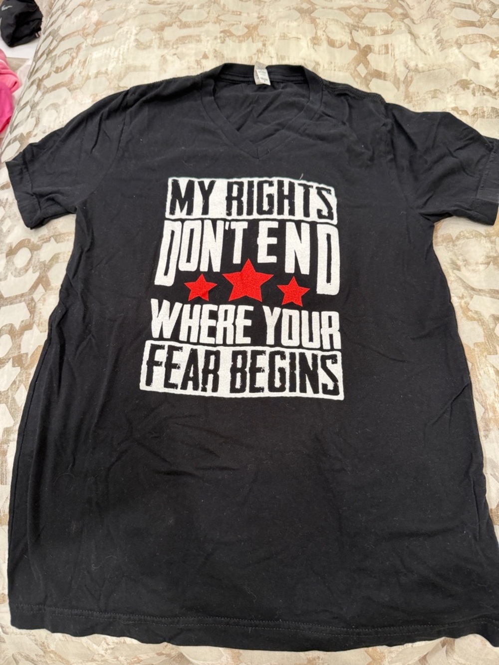 Gildan Black V-Neck Graphic Tee with Red Star Accents